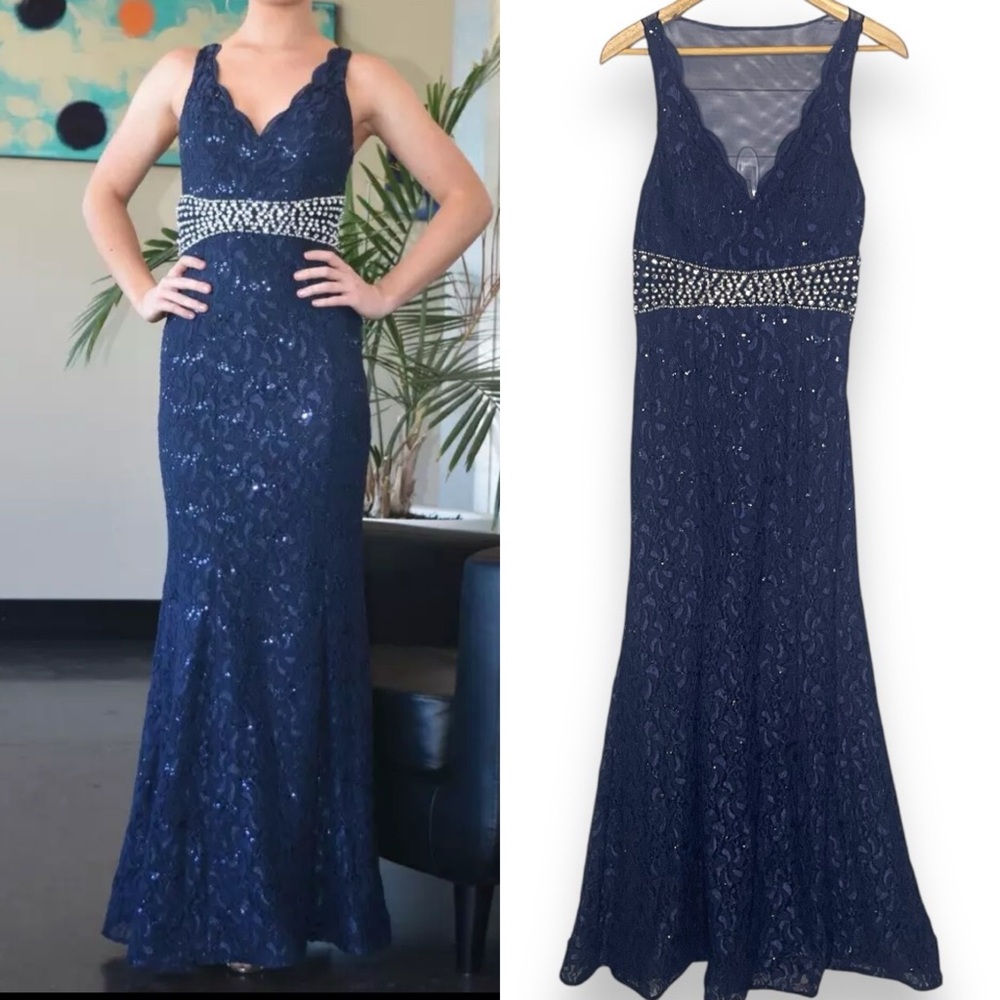 My Michelle Navy Blue Sequin Pearl Detail Waist Mermaid Formal Floor Length